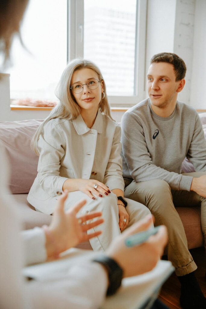 man and women listening to consultation advice