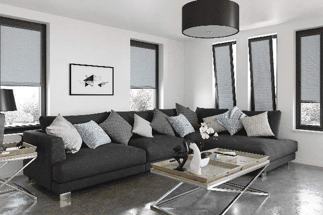 5 perfect fit cellular blinds in blue/grey