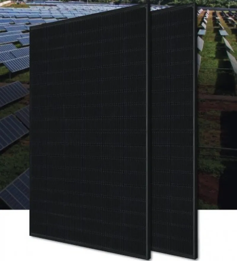 black solar panels with solar farm in background