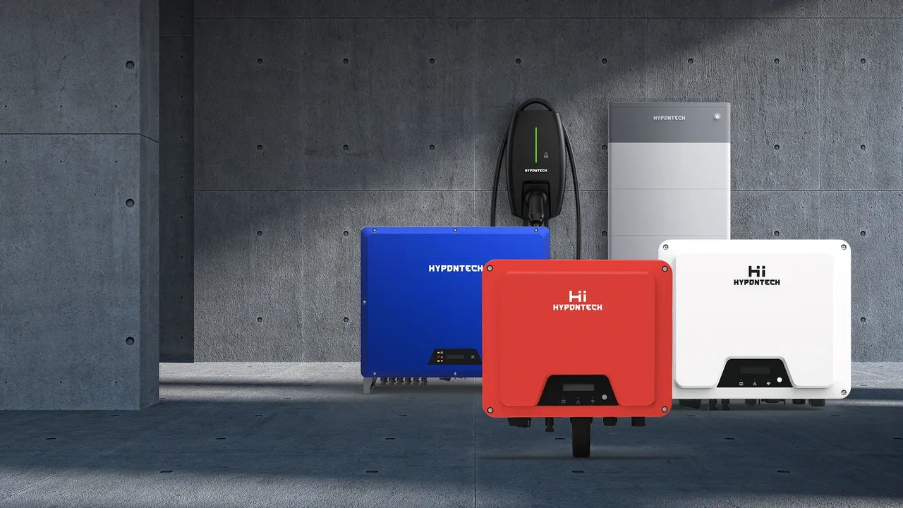 collection of 3 hypontech inverters with ev charging in background