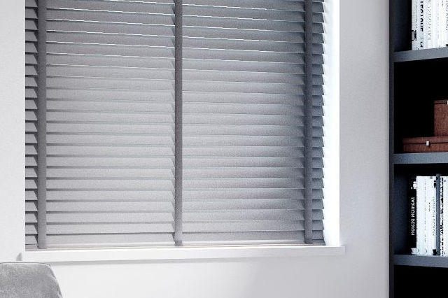 grey motorised wooden venetian blind with tapes