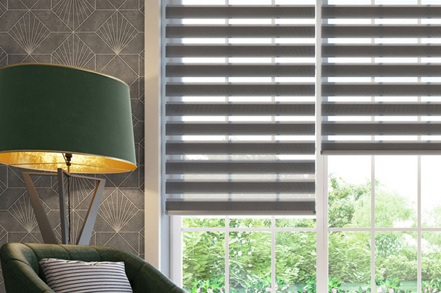 motorised mirage blinds side by side in dark grey